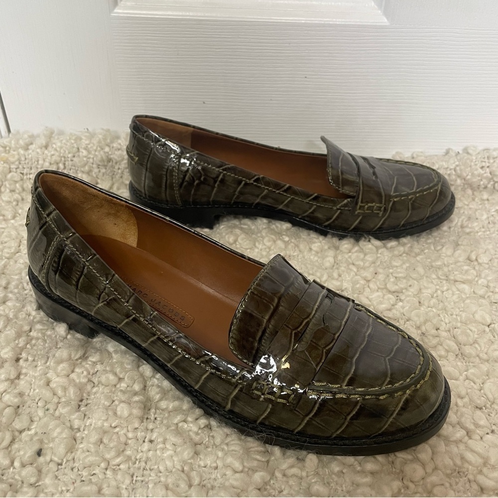 Marc By Marc Jacobs Olive Croc-Embossed Patent Leather Loafers